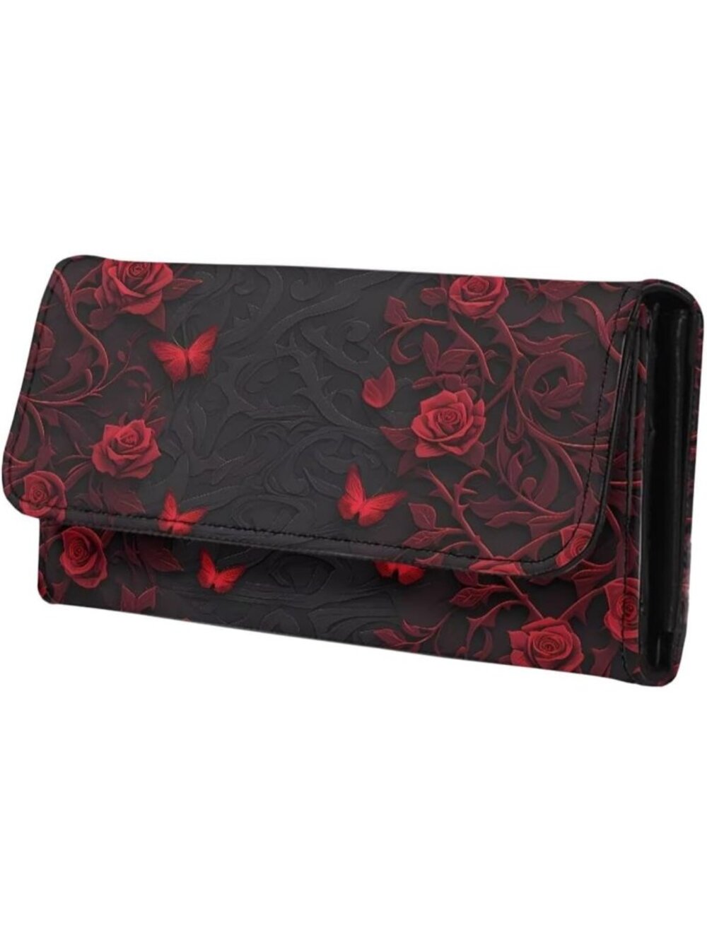 🎃Women's Thorn Roses Purse Black PU Leather Slim Wallet Long Trifold Purse